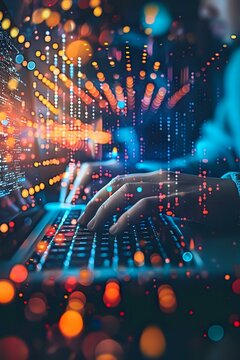 Close-up of hands typing on a laptop keyboard with glowing digital network connections and colorful bokeh lights. Ideal for technology, networking, and creative digital content.