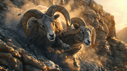 Two Rams Clash on a Mountainside