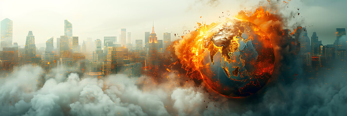 Brown Pen Image with Melting Globe and Industrial Plant Fire