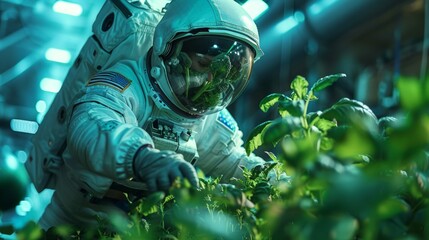 Agriculture technologies in space concept. Astronaut growing plants on spaceship. Since fiction, imagination about gardening on long interplanetary flights.