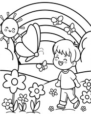 Happy little boy with butterfly coloring page for kids, spring coloring page for kids