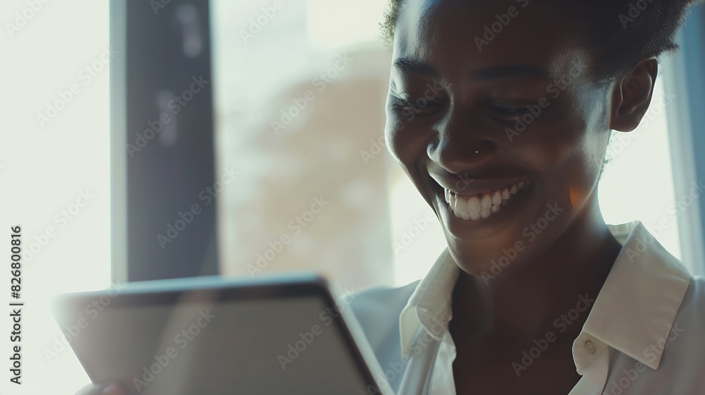 Poster smile tablet and search with black woman in office for technology corporate and communication social
