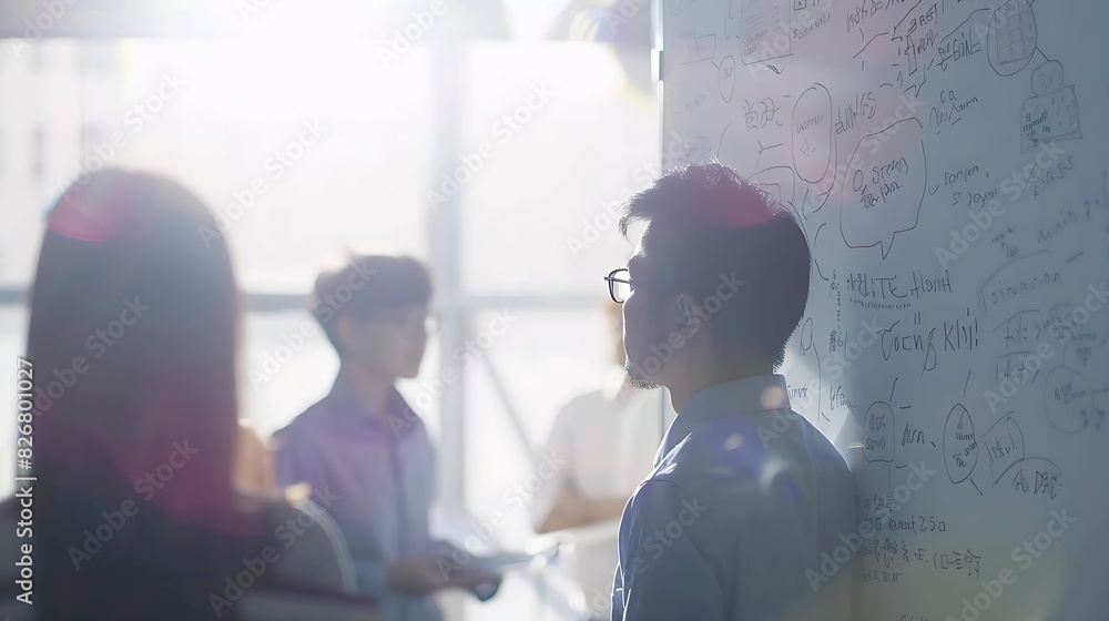 Poster whiteboard teamwork planning and business people with strategy and speaking in a office startup comp