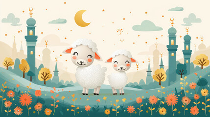 Eid Al-Adha background, mosque and sheep background with copy space.