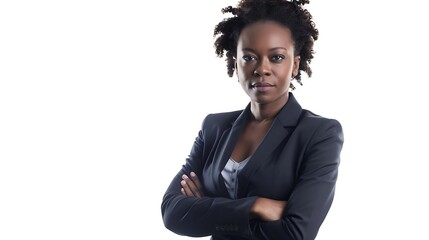 Beautiful female african american business woman CEO in a suit isolated on white background standing confidently with arms folded : Generative AI