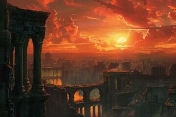 Naklejka premium Majestic digital artwork of an ancient city at sunset with a warm glow. Featuring ruins. Historical architecture. And a fictional. Tranquil atmosphere. Reflecting in the river