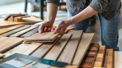 designer choosing flooring and furniture materials from samples for home interior design project