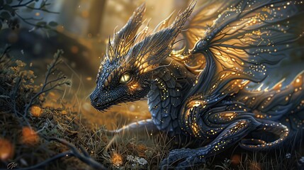 Obraz premium Fantasy Dragon in Dawn Forest: Detailed Close-Up Portrait