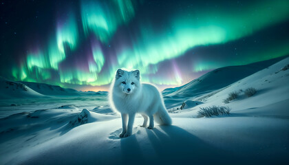 Arctic Fox Under Northern Lights in Snowy Landscape, 4K Wallpaper, Nature Background