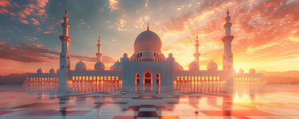 Eid Al-Adha background, mosque and sheep background with copy space.