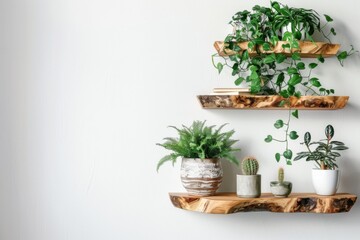 Interior design details: brown wooden raw edge floating shelves hanging on a white wall with green potted house plants.