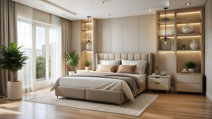 modern bedroom interior in pastel beige tones, view to the right of the bed, 3/4