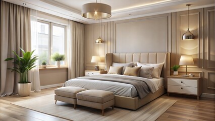 modern bedroom interior in pastel beige tones, view to the right of the bed, 3/4