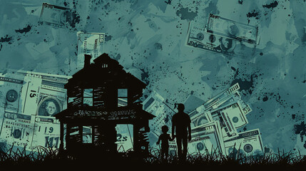 House made of dollar bills crumbling, with a family standing outside looking distressed, the housing crisis. 