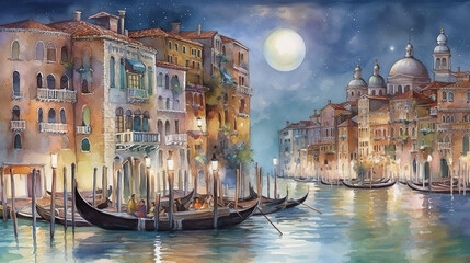 A colossal moon illuminating a city built upon stilts above a serene sea, intricate canals winding through the urban landscape, gondolas gliding gracefully along the waterways, a sense of tranquility 