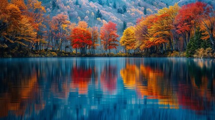 Tranquil lake surrounded by trees adorned with fiery autumn foliage, with the reflection of the vibrant colors on the calm water, creating a stunning mirror effect