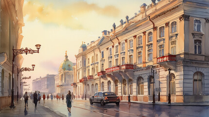 Obraz premium Petersburg's White Nights, the city's iconic Palace Square is bathed in a soft, golden hue as the sun dips below the horizon, casting long shadows of the historic buildings, couples stroll hand in han
