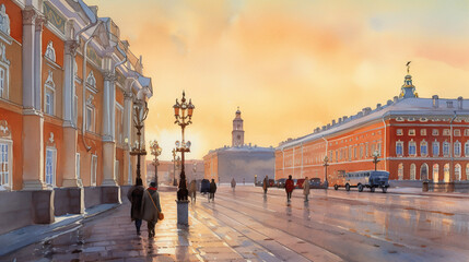 Obraz premium Petersburg's White Nights, the city's iconic Palace Square is bathed in a soft, golden hue as the sun dips below the horizon, casting long shadows of the historic buildings, couples stroll hand in han