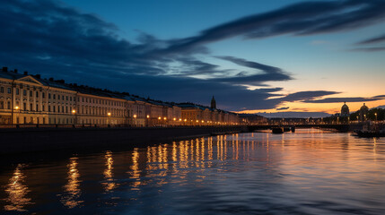 Petersburg's White Nights, the Neva River glistens under the ethereal glow of the midnight sun, bridges adorned with intricate lights reflect on the water's surface, majestic palaces and cathedrals li