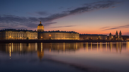 Fototapeta premium Petersburg's White Nights, the Neva River glistens under the ethereal glow of the midnight sun, bridges adorned with intricate lights reflect on the water's surface, majestic palaces and cathedrals li