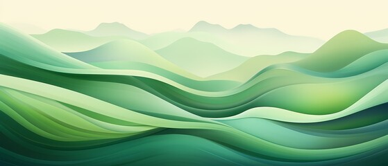 Abstract green hills, flowing lines, gradient hues, soft sunlight, serene landscape