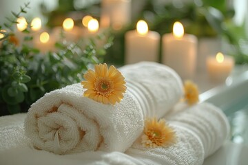To create a serene atmosphere in a spa, use candles, towels, and flowers for a peaceful ambiance