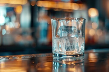 Gorgeous view of transparent old-fashioned glass with ice cubes standing on bar counter on blurred background - generative ai