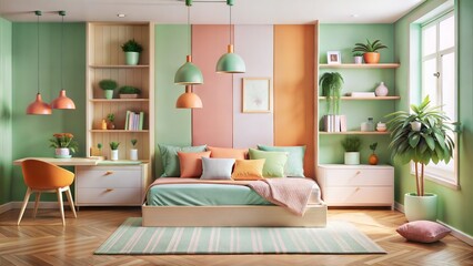 Contemporary kids bedroom interior. Pastel colored bed, pillows, shelve, pendant lamp, couch, carpet, table, vase and plant. Template for copy space. Render.