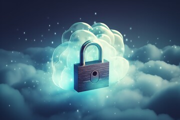 Padlock over a cloud, secure cloud storage, blue hues, digital security theme