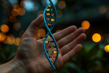 Hand presenting a digital DNA structure in nature, symbolizing genetic engineering and the fusion of technology and biology.