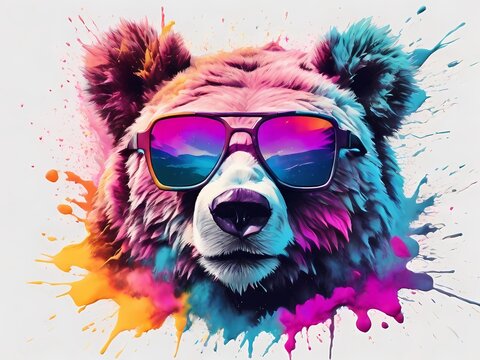 adorable grizly bear wear sunglasses with ink splash art illustration
