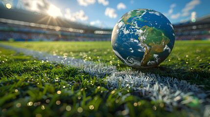 Globo terrestre em miniatura em um campo de futebol: esporte incentivando a preservação do meio ambiente