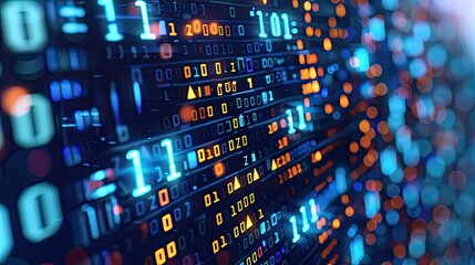 Glowing binary code in digital matrix