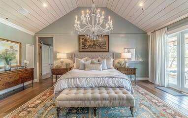 Elegant bedroom with plush bedding and a grand chandelier