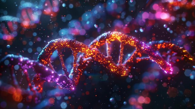 Cells and DNA strands under a microscope, Intricate genetic details