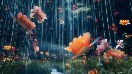 A virtual reality garden, where glitchy flowers bloom amidst cascading streams of code, creating a surreal and mesmerizing landscape. 32k, full ultra hd, high resolution