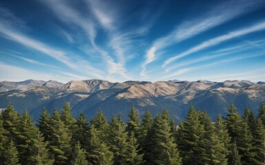 Pine trees, high mountains, clear blue sky with contrails, mountain range. - Powered by Adobe