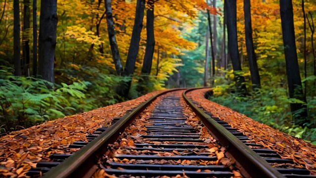 Rail road way in empty autumn forest. 