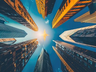 The bottom of view a six high rise buildings with blue sky background.