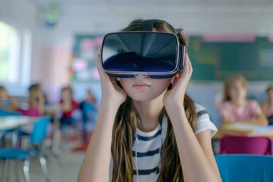 Teen girl studying with VR headset in classroom