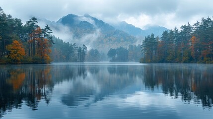 Fototapeta premium A tranquil lake reflecting the surrounding trees and mountains, with a gentle mist rising in the early morning light.