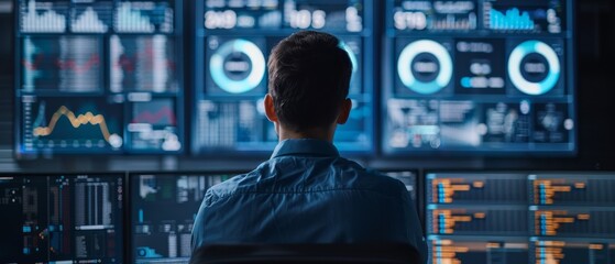A person analyzing data on multiple computer screens in a control room, focusing on graphs and charts for business analysis and monitoring.