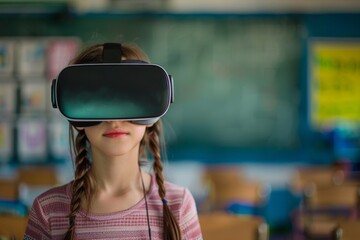 Teen girl studying with VR headset in classroom