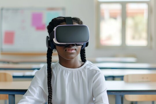 Teen girl studying with VR headset in classroom