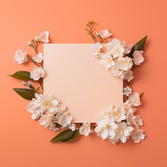 Colorful floral square border frame, paper note in center. Composition with beautiful flowers, and copy space. Festive concept for 8 March, Mothers, Valentines, Woman day. .Spring or summer banner