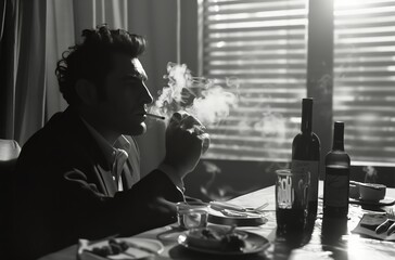 Realistic indoor black-and-white 1950s photograph of an intense-looking Italian film director seen in profile, sitting at a table and smoking. From the series �Art Film - Black and White.�