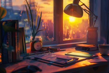 Desk with lamp, books, cup of coffee by window at sunset