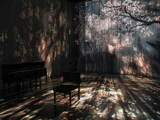 Realistic indoor color photo of an immersive art installation showing projections of trees in spring bloom, volumetric lighting, light and shadow. From the series �Imaginary Museums.�