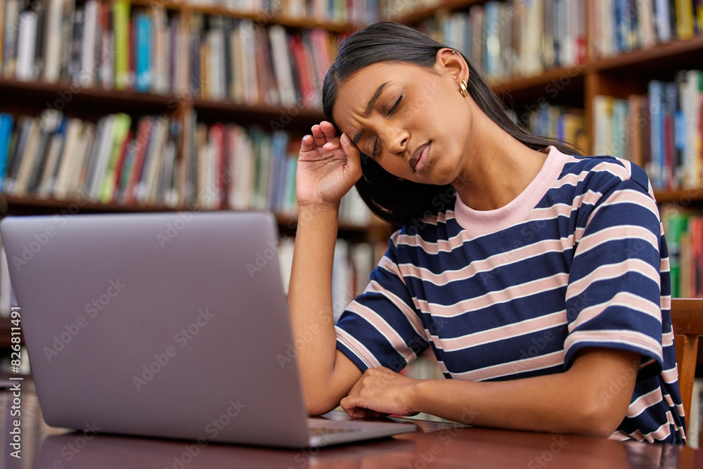 Poster library, university and woman on laptop with headache for research, studying and learning. education