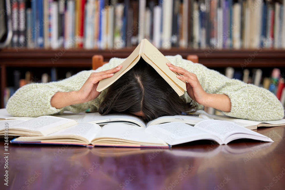 Poster student, sleeping and library with woman, headache and course research burnout from brain fog. unive